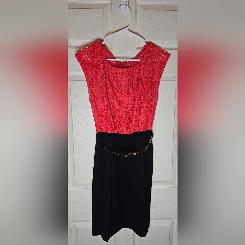 Alyx Red Lace Bodice Black Skirt Dress Cap Sleeves Belted - Size 8